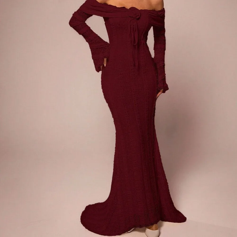 Burgundy Elegant Women's Off-Shoulder Maxi Dress - Picture 3 of 8